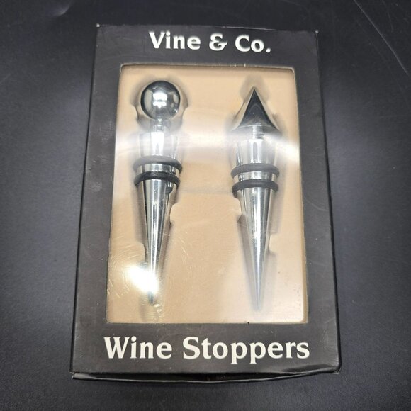 Silver Wine Stoppers Set Of 2 Vine & Co. Unique Designs Barware NIB JJ3971 - Picture 2 of 5